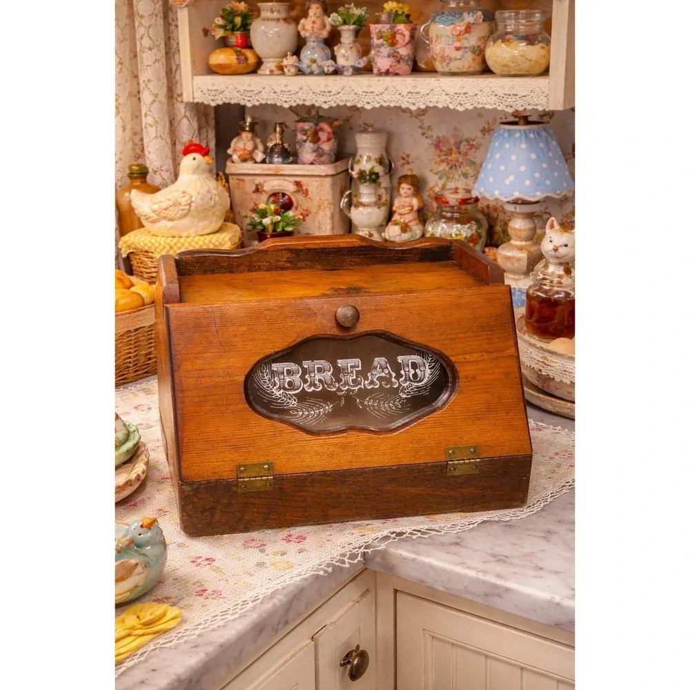 Vintage Wooden Dutch' Bread Box w/ Glass Window 13x10x15.5" Granny Cottage Core - Picture 2 of 5